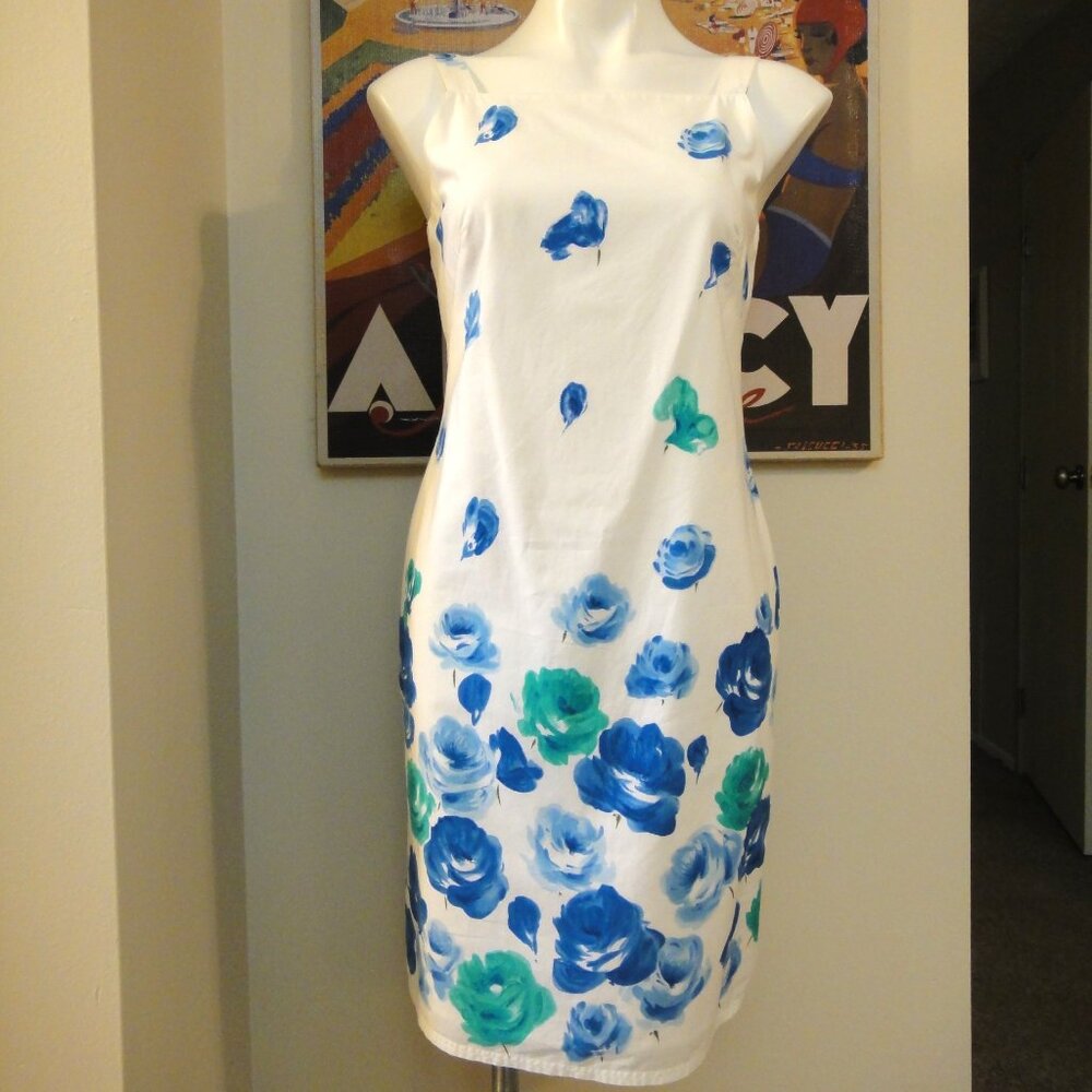 Casual Corner Sun Dress White w Blue Teal Roses sz 6